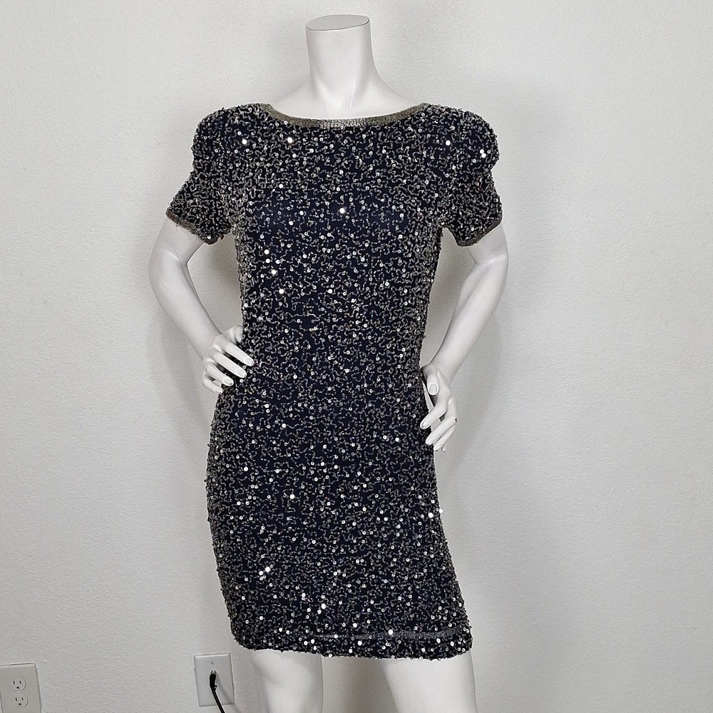 Black Tie Vintage Oleg Cassini Neiman Marcus Blue Sequin 100% Silk Dress Size 8